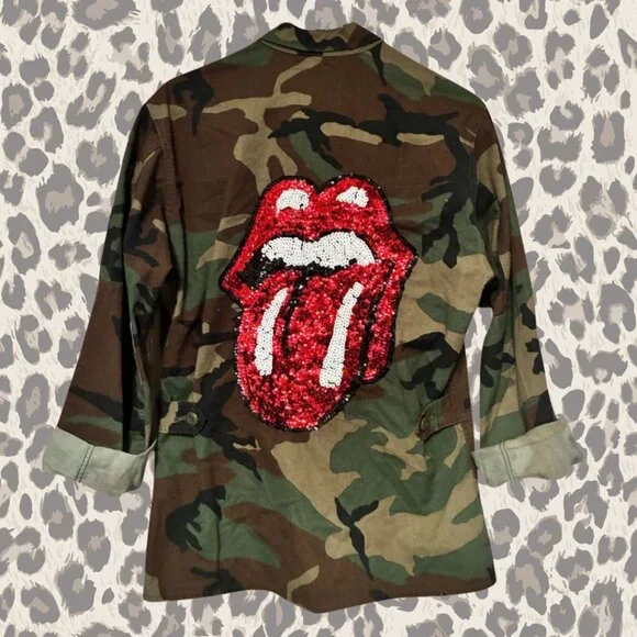 Boutique Upcycled Army Jacket Women’s Size S/M Rolling Stones Design Sequins - Picture 4 of 8